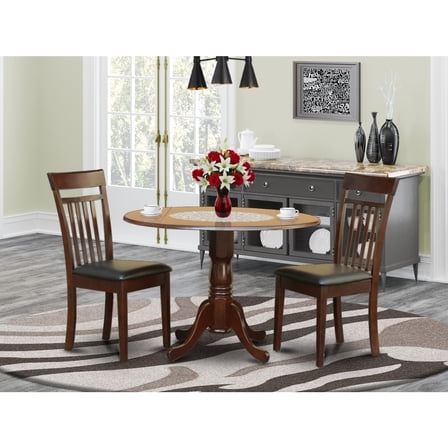 HomeStock Rustic Romance 3 Piece Set Contains a Round Dining Table with Dropleaf and 2 Faux Leather Kitchen Room Chairs, 42x42 Inch, Mahogany
