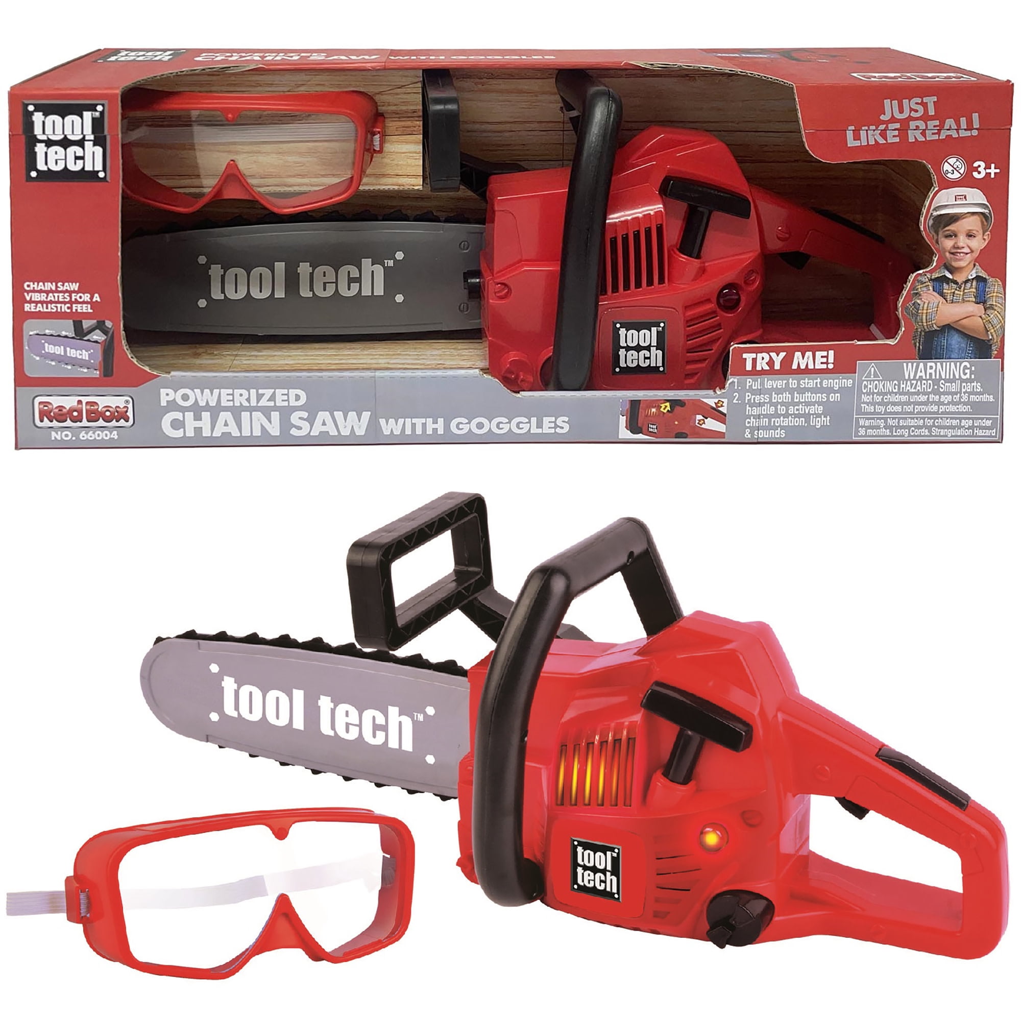Red Box: Tool Tech: Toy Powerized Chain Saw & Goggles - Lights & Sounds, Realistic Vibrating Motion, Yard Work & Outdoor Pretend Play, Kids 3+