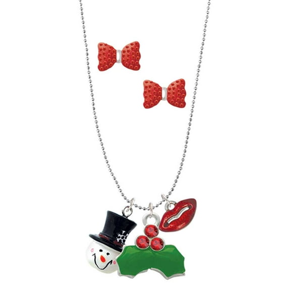 Delight Jewelry Resin Snowman Head with Top Hat Christmas Kiss Charm Necklace and Stud Earrings