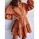 thumbnail image 3 of Mini vestido casual con cuello en V para mujer, manga larga con botones, algodón texturizado, volantes sólidos, vestido corto de línea a con vuelo, color naranja XL ER, 3 of 5