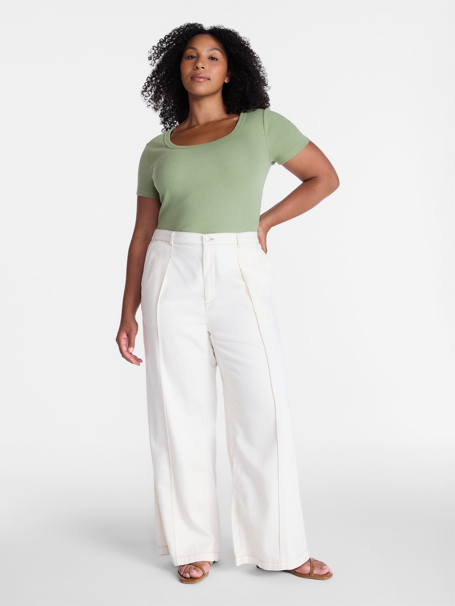 Time and Tru Women's High Rise Drapey Pleated Wide Leg Jeans, 30" Inseam, Sizes XS-XXXL