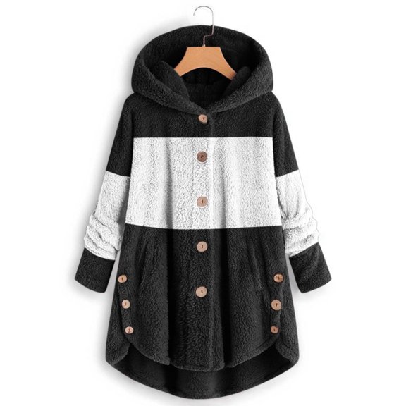 Baqcunre Womens Winter Coats Women's Spliced Button Pocket Split Fashion Casual Long Sleeve Plush Coat Fleece Jacket Fall Outfits Black L