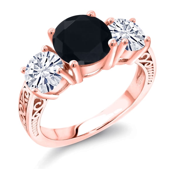 Gem Stone King 18K Rose Gold Plated Silver Black Onyx and White Moissanite Engagement Ring for Women | 3.25 Cttw | Round 8MM | Gemstone December Birthstone | Size 6