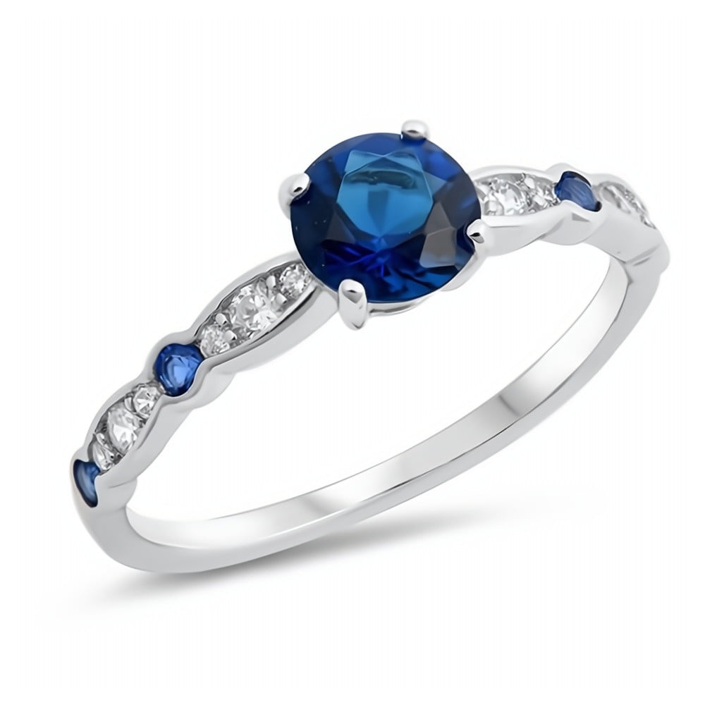 Glitzs Jewels 925 Sterling Silver CZ Ring Royal Blue & Clear Cubic Zirconia Jewelry Gift