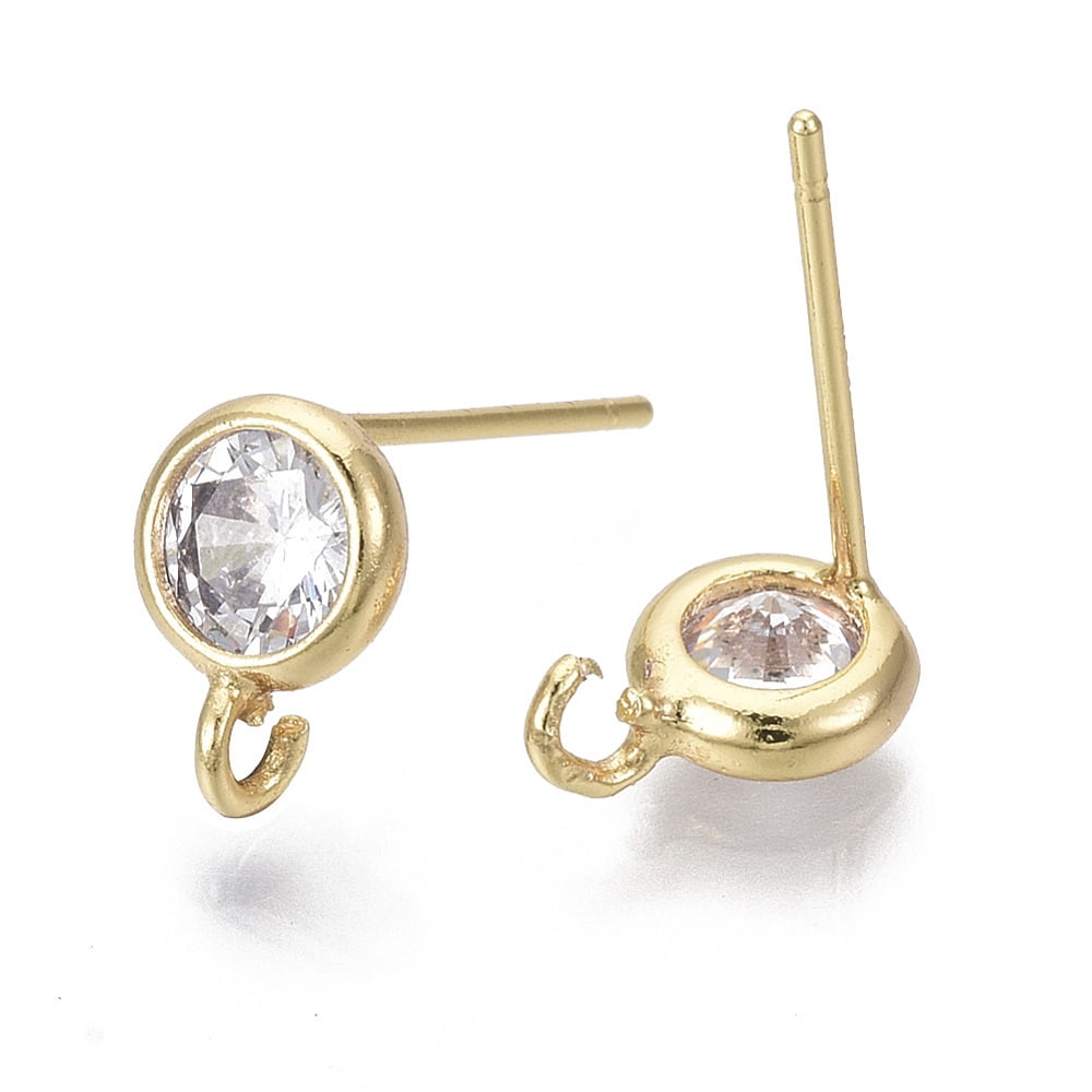 50pc Brass Micro Clear Cubic Zirconia Stud Earring Findings with Loop Nickel Free Flat Round Real 18K Gold Plated 8x6mm Hole: 1.2mm Pin: 0.7mm