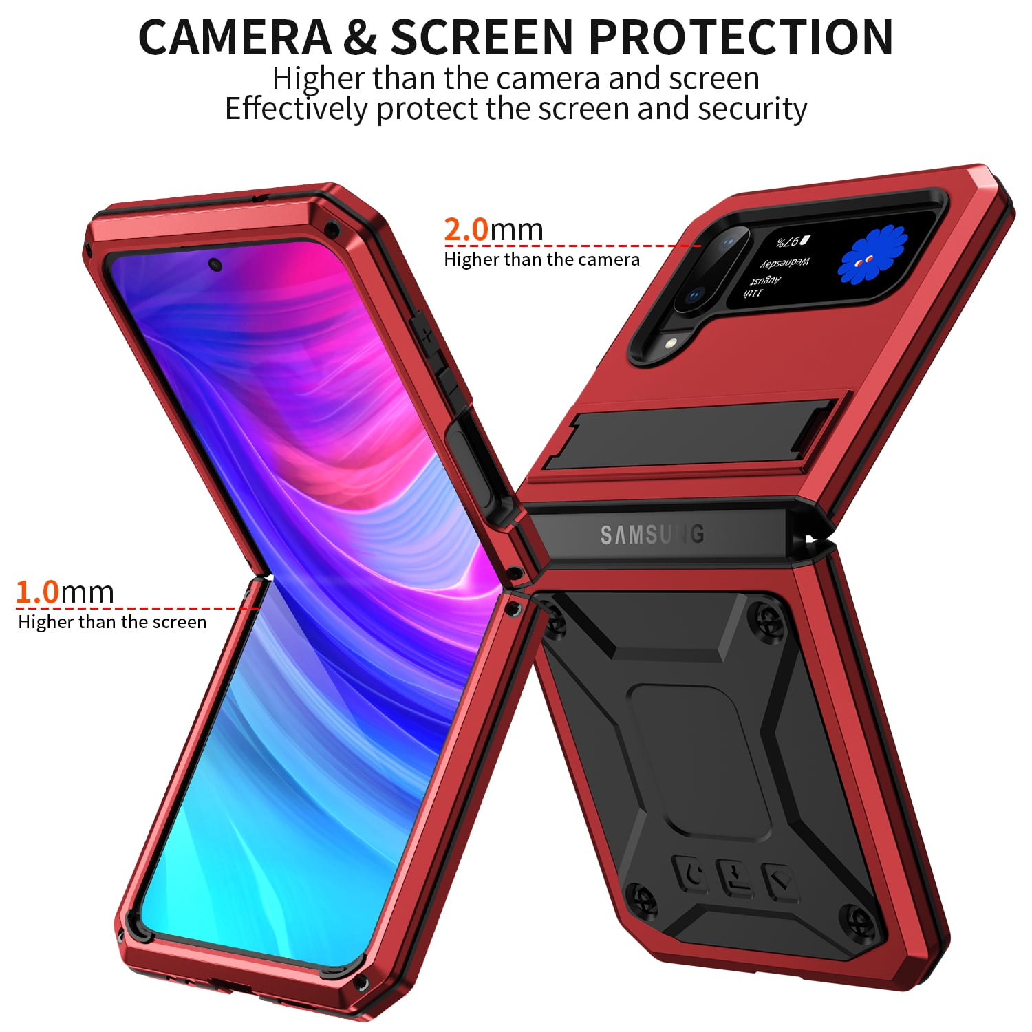 ELEHOLD for Samsung Galaxy Z Flip 4/3 6.7" Case, Heavy Duty Armor Built-in Explosion-Proof Tempered Glass Screen Protector Wireless Charging Hang Rope Hidden Kickstand Shockproof Rugged Case,Red