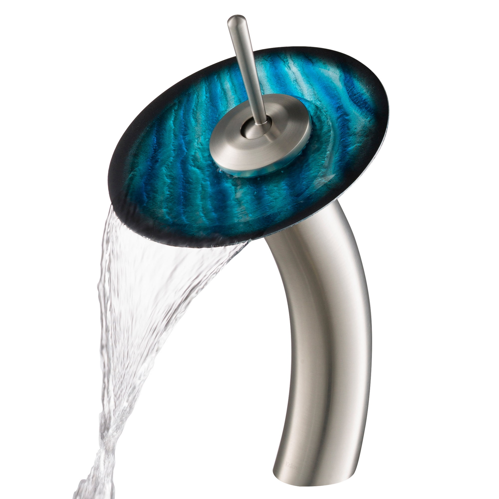 AUS Nature Series Blue Glass Bathroom Vessel Sink and Waterfall Faucet Combo Set with Matching Disk and Pop-Up Drain, Satin Nickel Finish