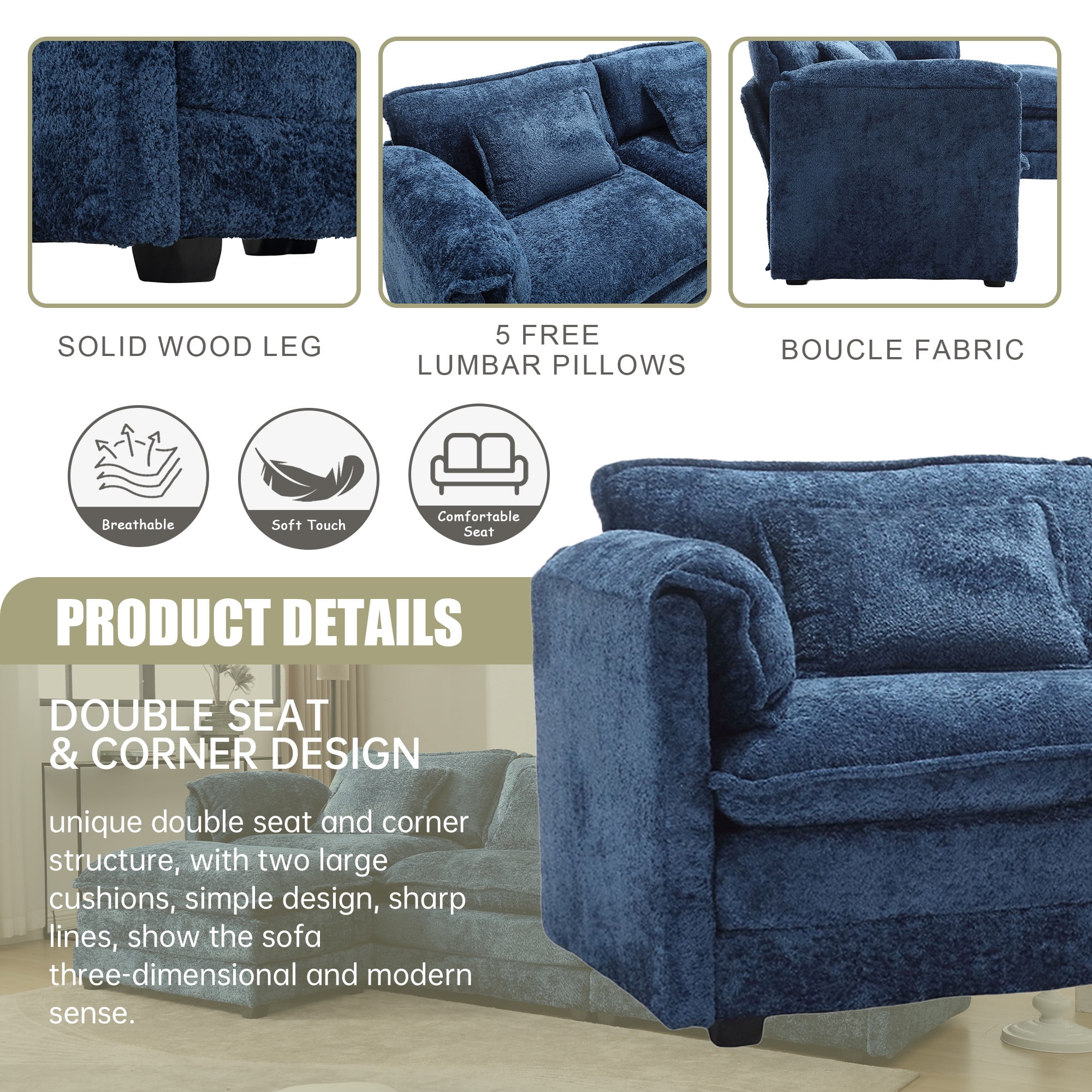 MOONMISS Boucle Fabric Upholstered L-Shape Comfy Oversized 3-4 seat Modular Sectional Sofa