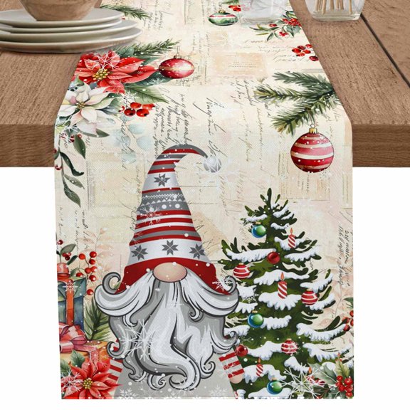 nqOlkjepod Beige Christmas Gnomes Table Runner 48 Inches Long Farmhouse Dress Scarves, Xmas Tree Poinsettia Winter Gifts Dining Tablerunner for Coffee Table/Kitchen Island/Party Décor, 13" x 48"