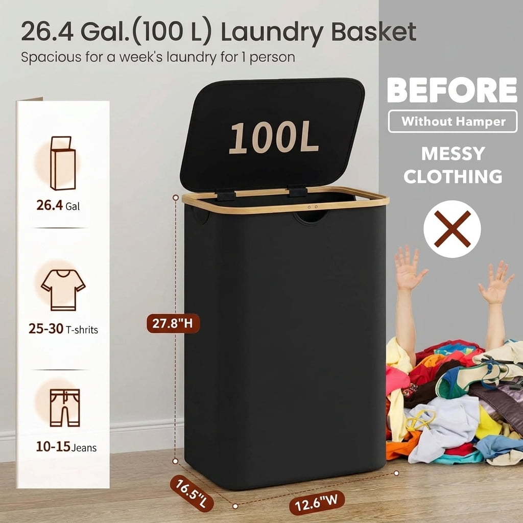 LEDREM Laundry Hamper with Lid 100L, Large Foldable Clothes Basket with Bamboo Handles, Tall Fabric Hamper for Bedroom, Bathroom, Dorm, Ink Black