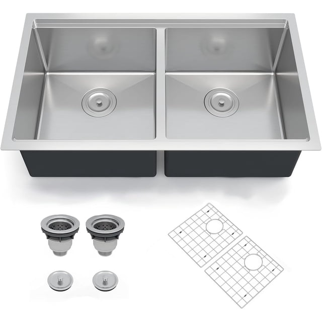 36x19 In Undermount Double Bowl Kitchen Sink 10 In Deep 16 Gauge 304 Stainless Steel Workstation Sink with Bottom Grid and Drain