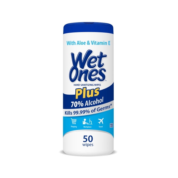 Wet Ones Plus Alcohol Hand Sanitizing Wipes Canister, 50 Ct, Kills 99.99% of Germs, With Aloe & Vitamin E