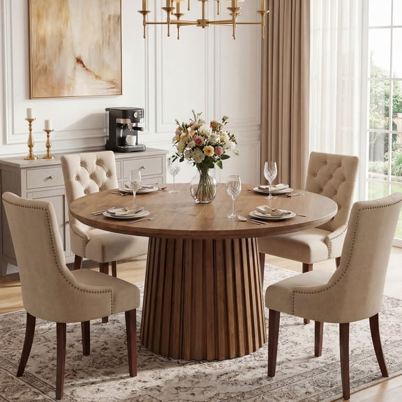 Tribesigns Solid Wood Dining Table for 4-6 People, 47.3'' Round Kitchen Table with Fluted Base, Rustic Brown