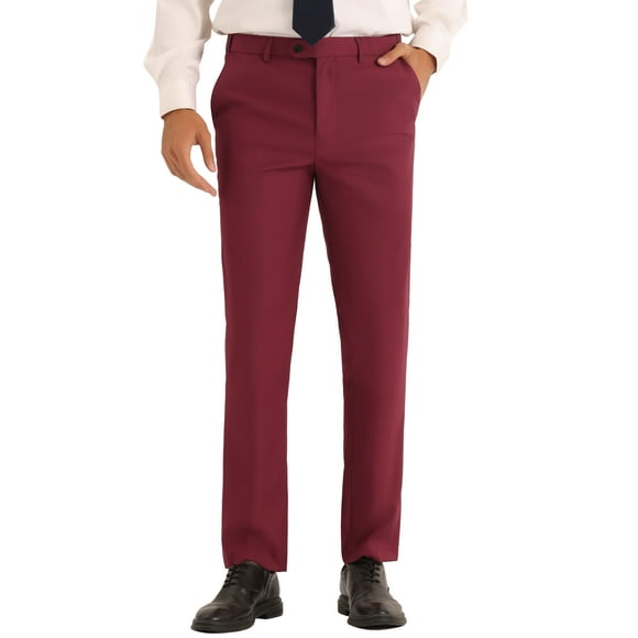 INSPIRE CHIC Dress Pants for Men's Classic Fit Solid Stretch Flat Front Work Business Trousers 38 Burgundy