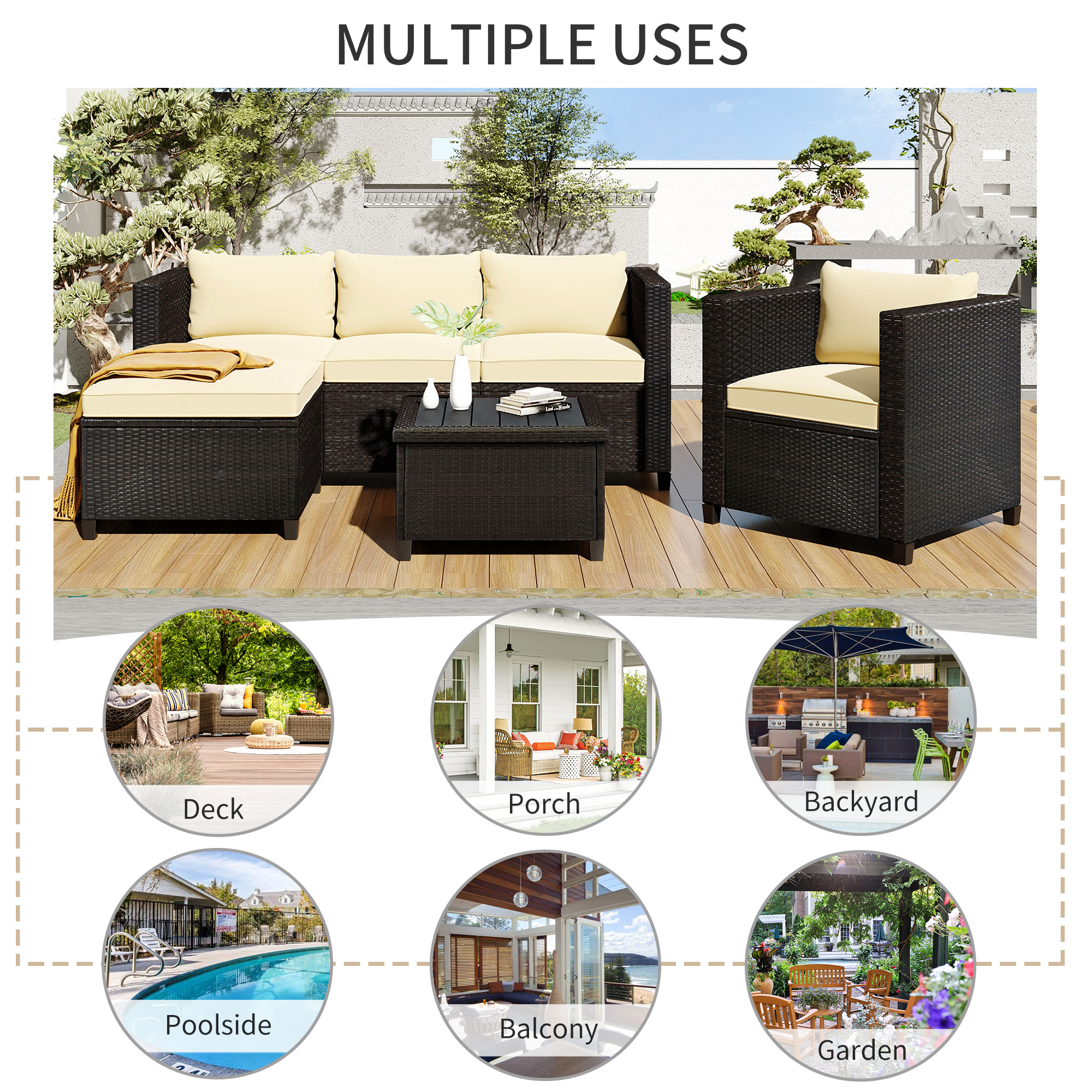 Wicker Sectional Table and Chairs Sets, 5 Pieces Outdoor Wicker Patio Furniture Set with 3-Seat Sofa and Ottoman, Armchair, Rattan Table, Cushions, for Porch Backyard Garden, SS745 - image 3 of 11