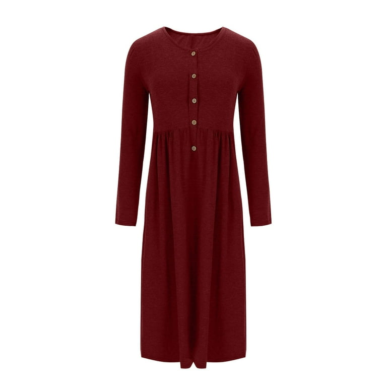 SMihono Women's Boho Solid Long Sleeve Maxi Dress Button Up Casual Loose  Henley Neck Spring Vacation Dresses with Pockets Wine 4 - Walmart.com