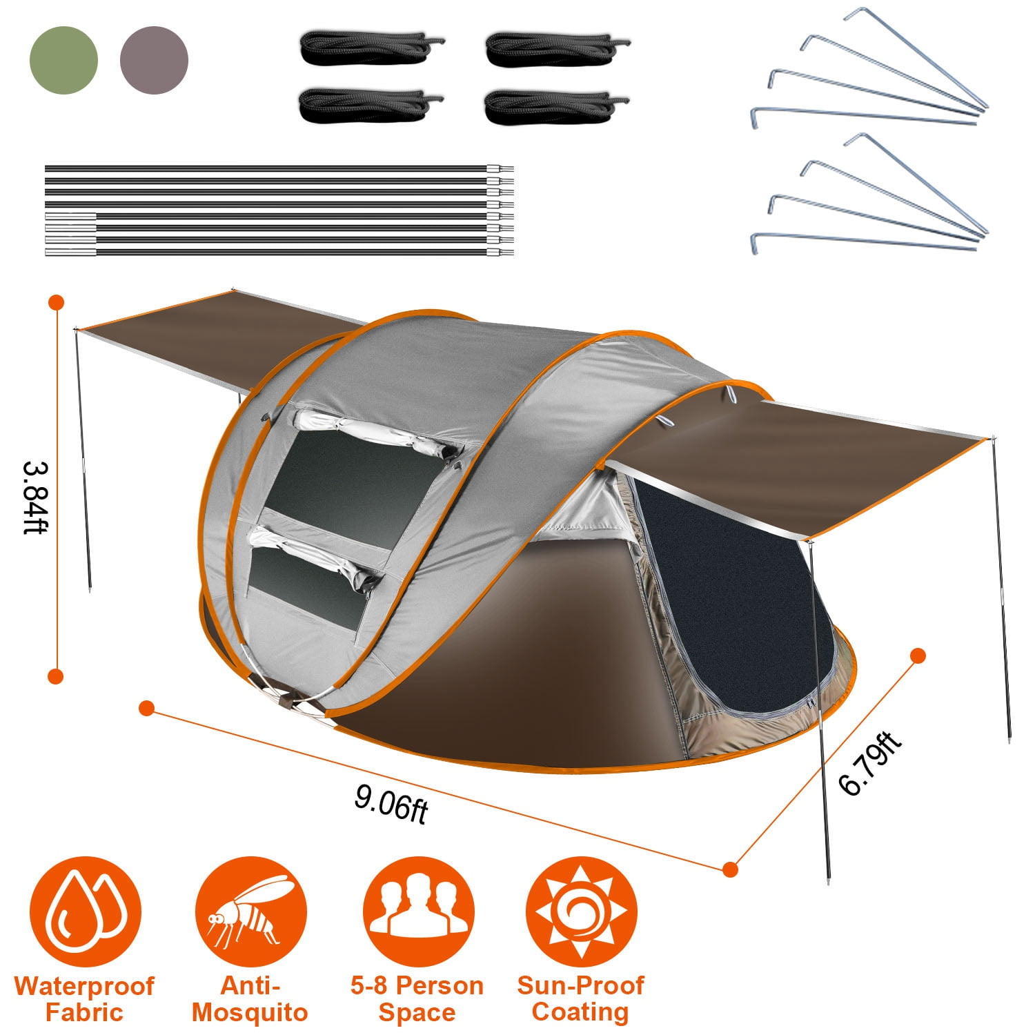 Pop up Camping Tent for 4-5 Person Tent Waterproof Instant Easy Setup Family Tent with 4 Tent Poles for Camping Hiking Climbing Traveling Khaki