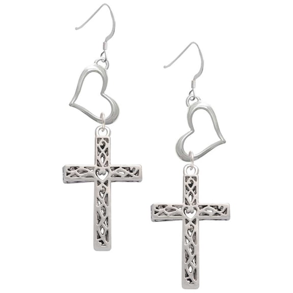 Delight Jewelry Silvertone Large Celtic Vine Cross Open Heart French Earrings