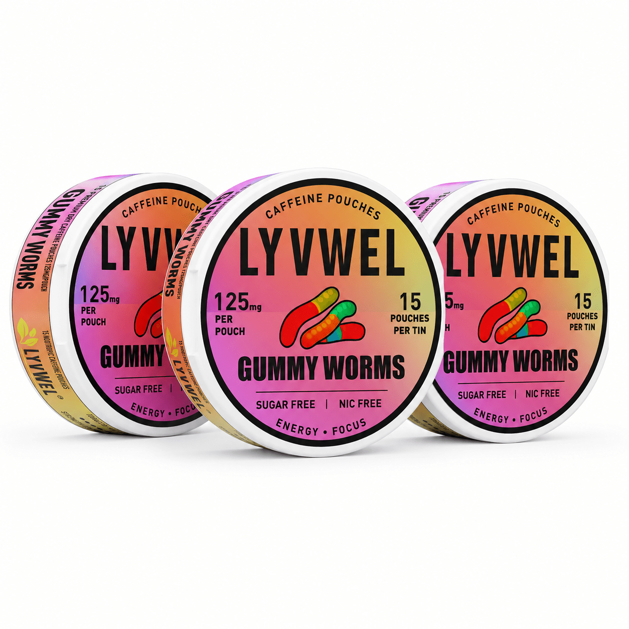 LyvWel 125mg Caffeine Energy Pouches | 3 Cans | Gummy Worms | 15 Pouches Per Can | Plant-Based | Sugar Free