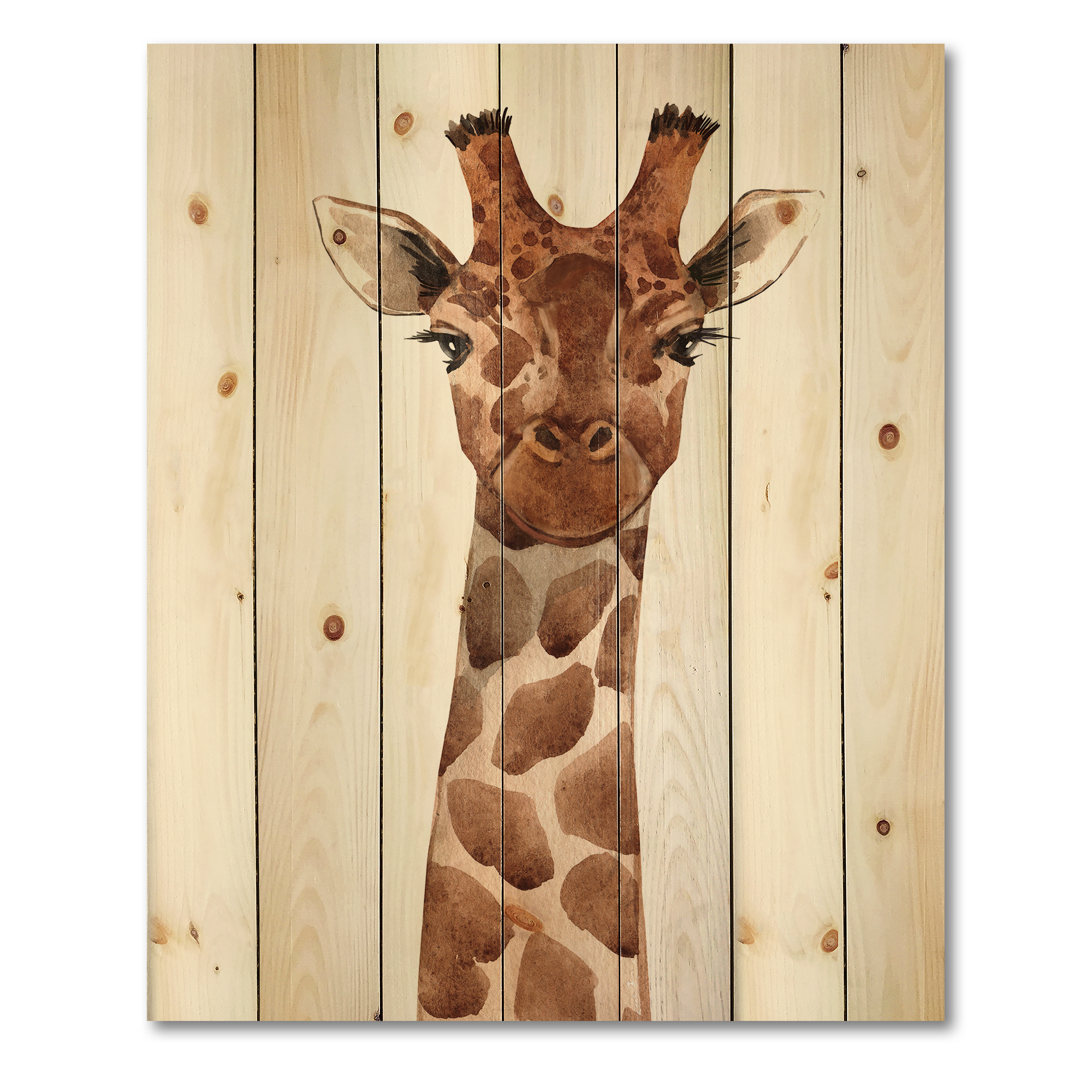 Designart 'Close Up Portrait of A Giraffe XI' Farmhouse Print on Natural Pine Wood