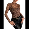 thumbnail image 1 of Blusa de Larga con Encaje de para Mujer, Transparente, con Cuello Alto, Ideal para Fiestas y Clubes Nocturnos Café M, 1 of 10