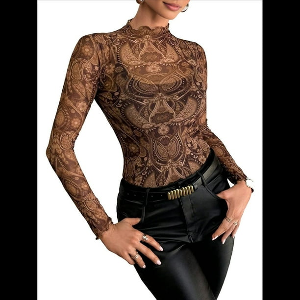 Blusa de Larga con Encaje de para Mujer, Transparente, con Cuello Alto, Ideal para Fiestas y Clubes Nocturnos Café M