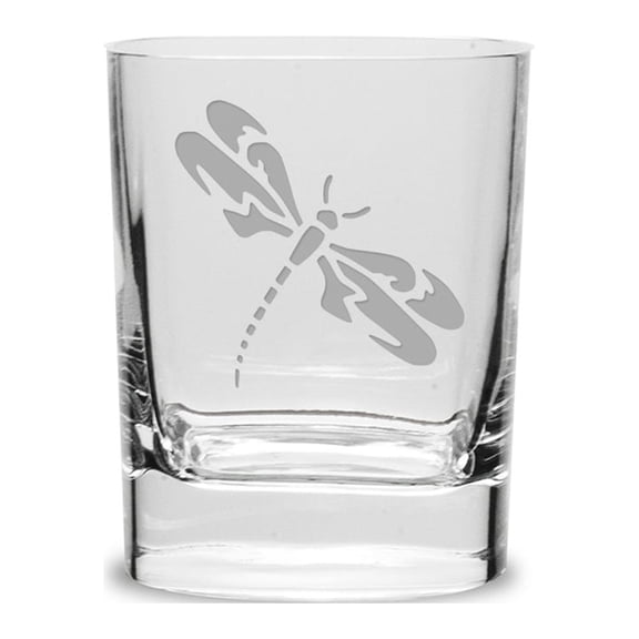Dragonfly Deep Etched Luigi Bormioli 11.75 oz Square Round Double Old Fashion Glass