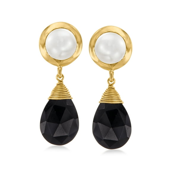 Ross-Simons 7.5-8mm Cultured Pearl and Black Onyx Drop Earrings in 18kt Gold Over Sterling, Women's, Adult