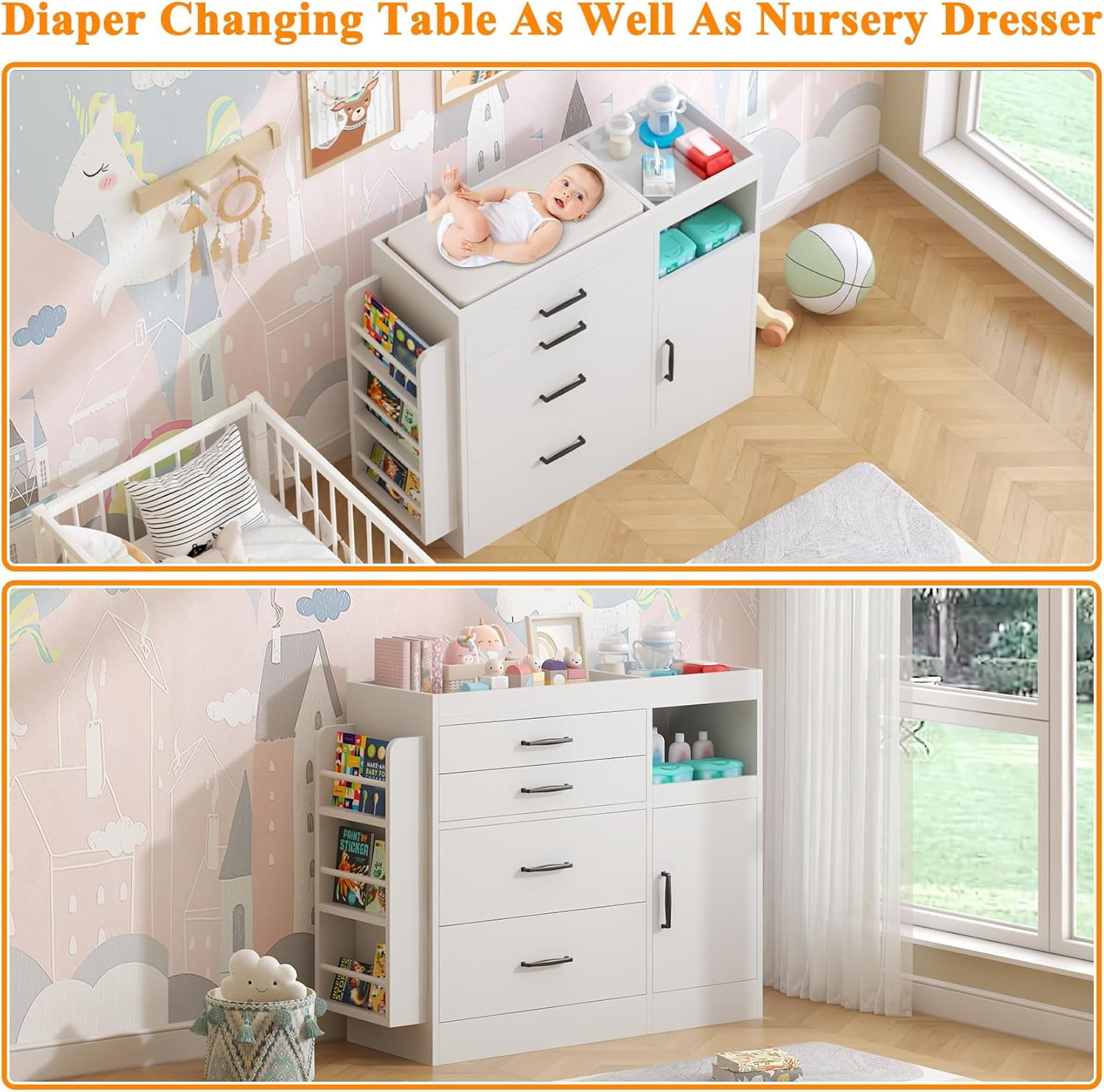 Winkalon Changing Table Dresser, Baby Nursery Dresser with 4 Drawers & 1 Cabinet & 3 Open Shelves Storage, Modern Diaper Changing Station for Children's Room, Changing Pad Included, White