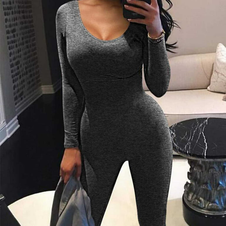 Sexy Womens Tummy Control Bodycon Ribbed Jumpsuit With Long