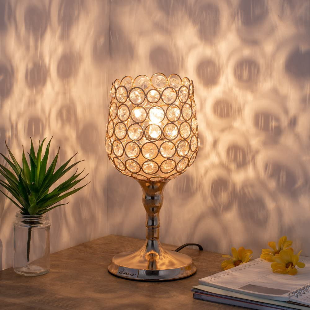 Gold Crystal Bedside Table Lamp with Unique Lampshade Modern Nightstand