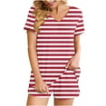 thumbnail image 2 of Summer Savings Clearance! Titcea Women's Pajama Sets Pleated Front V Neck Stripe Printed Short Sleeve Short Sets Loose Comfort Summer Casual Loungewear Sets, Gifts for Her, 2 of 6