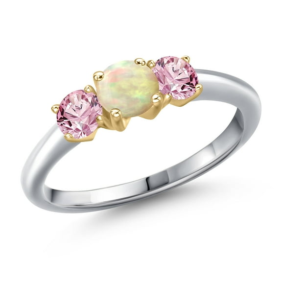 Gem Stone King 10K Two Tone Gold White Ethiopian Opal and Pink Lab Grown Diamond Engagement Ring for Women | 0.80 Cttw | Round Cabochon 5MM | Gemstone October Birthstone | Size 6