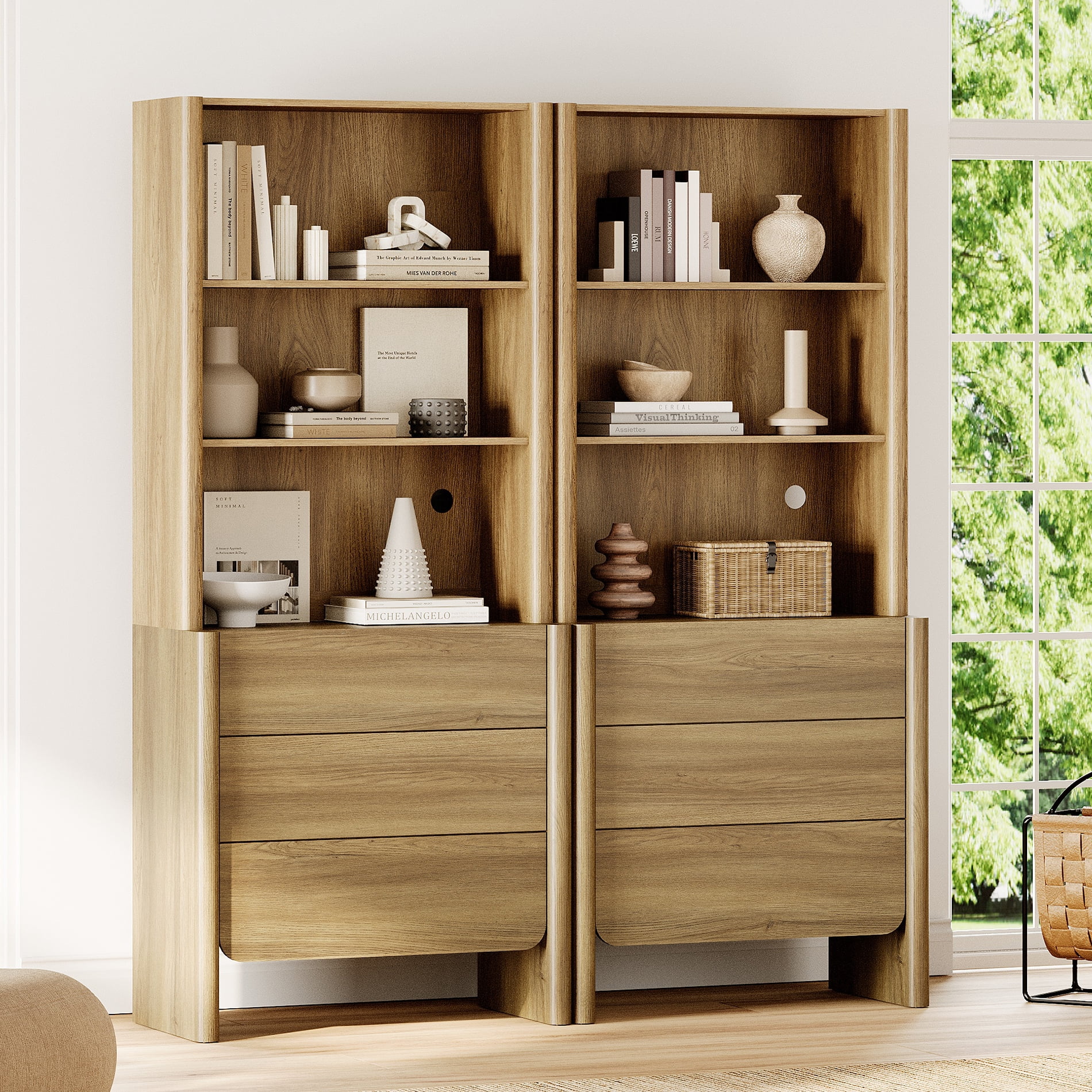 63-Inch Modern French Bookcase with Curved Edges, 6 Drawers and Open Shelving, 72.8" Tall, Walnut