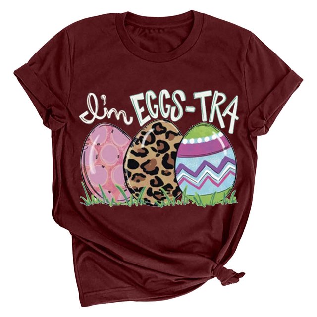 RKSTN Womens Tops 2024 Easter Eggs Printing Short Sleeve Crew Neck Tops Fashion Solid Color Soft Loose Plus Size Blouse Tops