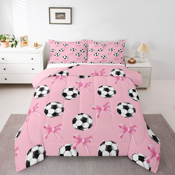 Manfei Cute Ribbon Bowtie Full Size Comforter Sets,American Soccer Bedding Comforter Set,Pink Reversible,3pcs,1 Comforter and 2 Pillowcases