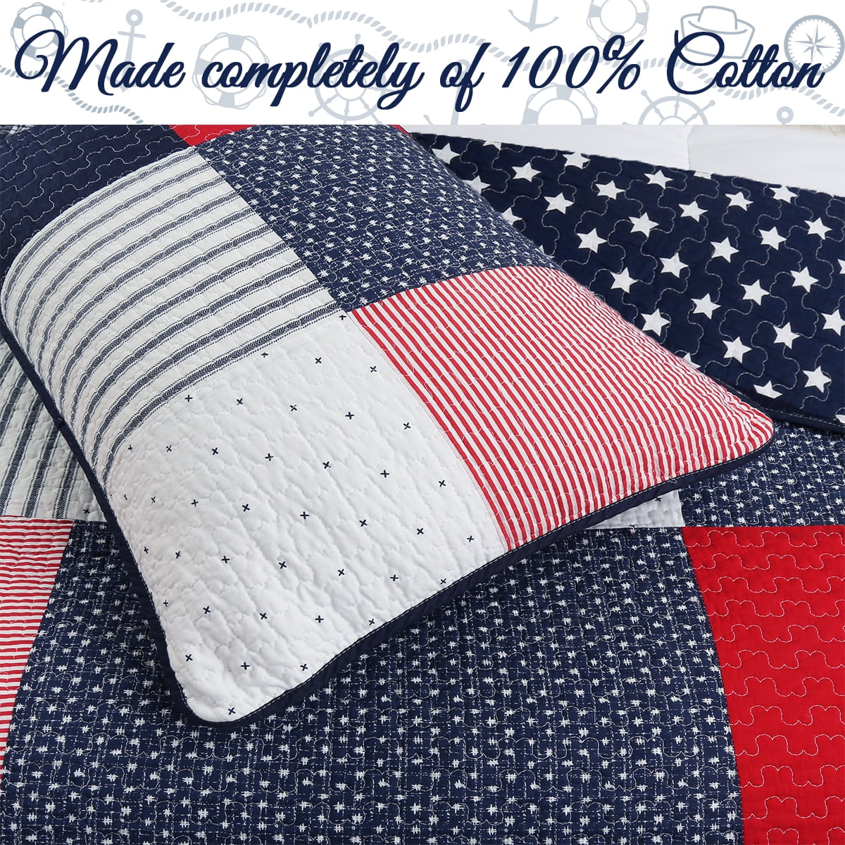 Cozy Line Home Fashions Cozy Line Patriotic Patchwork Plaid Red White Blue Reversible Cotton Quilt Bedding Set Queen