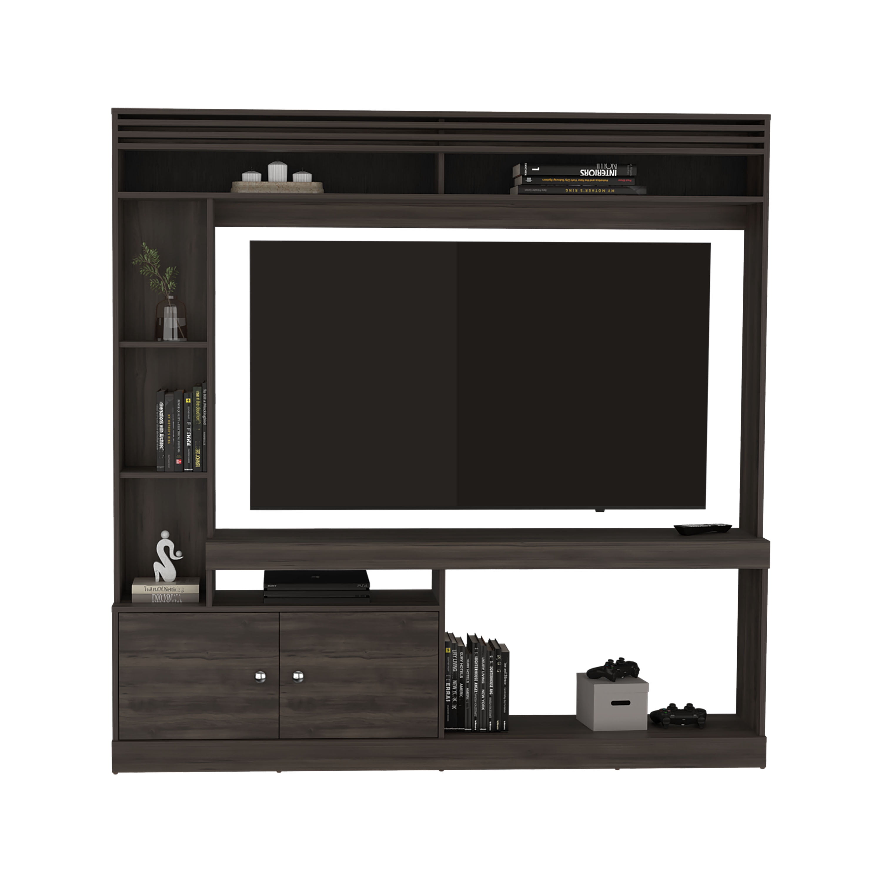 LiviNest Entertainment Center TV Stand: 65 Inch Media Console with 2 Doors & 7 Shelves - Modern Walnut Finish Storage Unit for Home Office & Living Room Organization