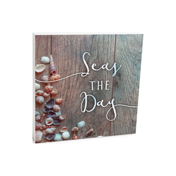 Seas The Day Pink Shells Weathered Board 10 x 10 Wood Tabletop Sign Plaque
