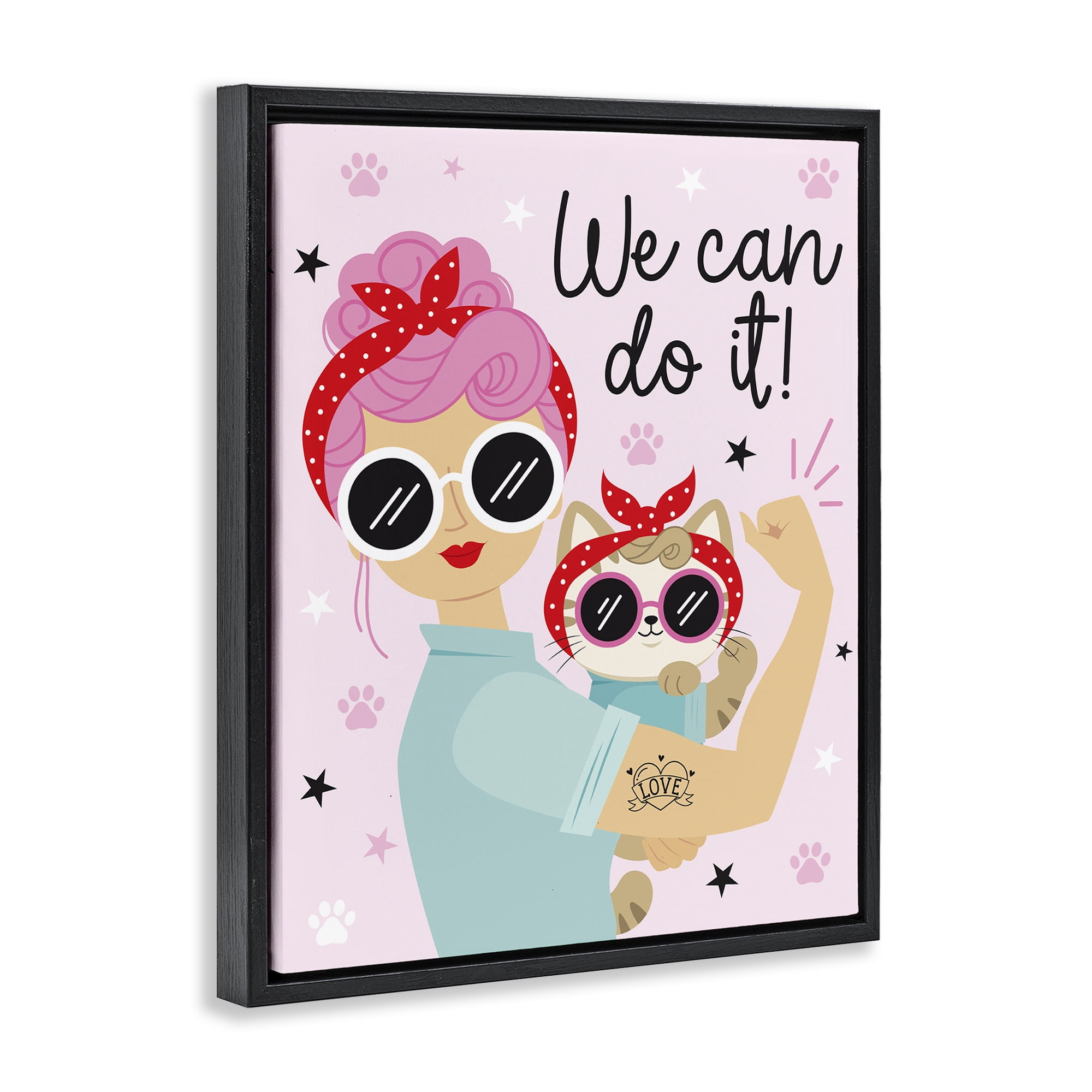 Stupell Industries We Can Girl & Cat People Painting Black Floater Framed Canvas Art Print Wall Art, 17 x 21