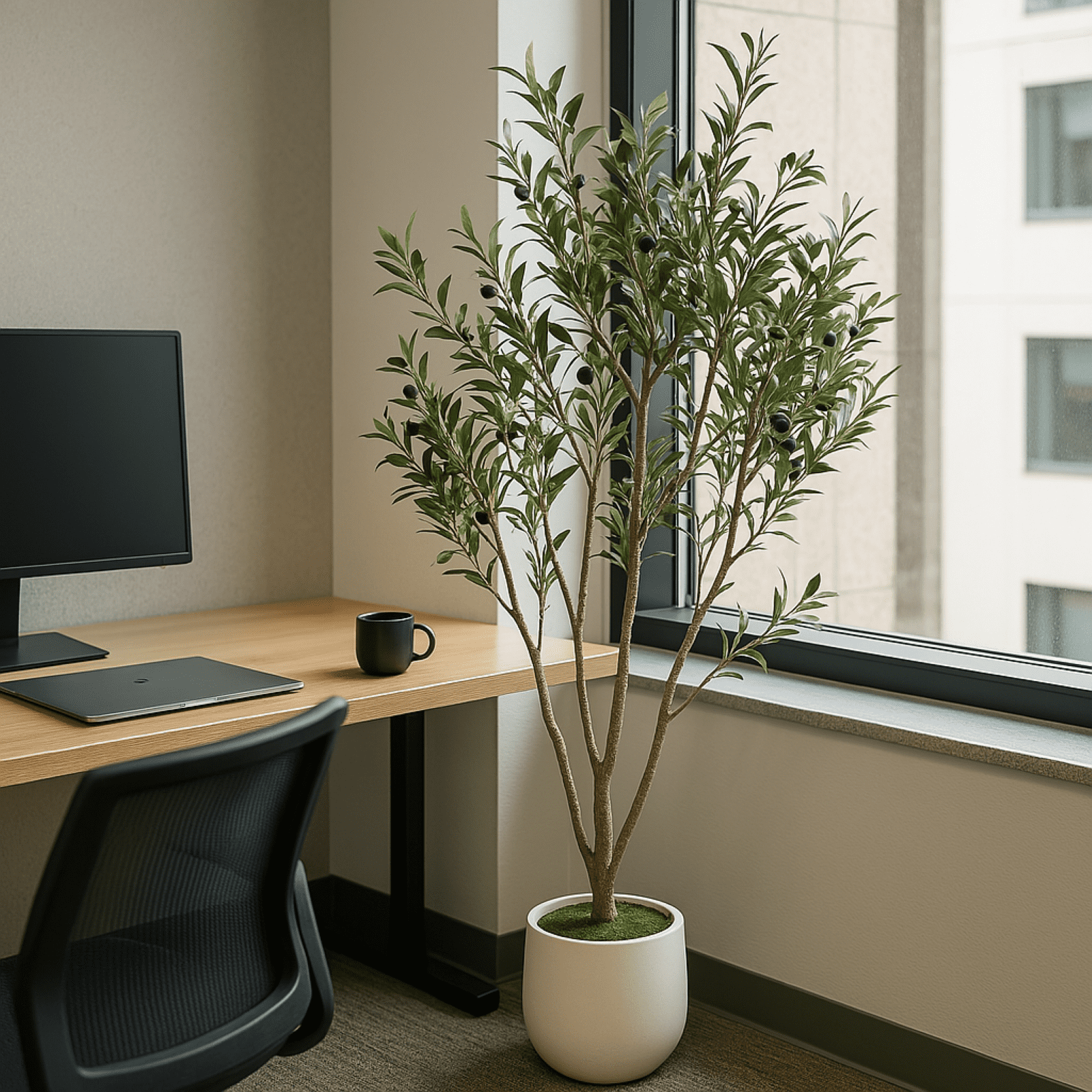 VIVATREES 6FT Artificial Olive Tree Faux Olive Plant Realistic Leaves Silk Tree with White Pot Planter Lifelike Green Leaves & Olive Fruits for Home Office Decor, Interior Outdoor Decoration