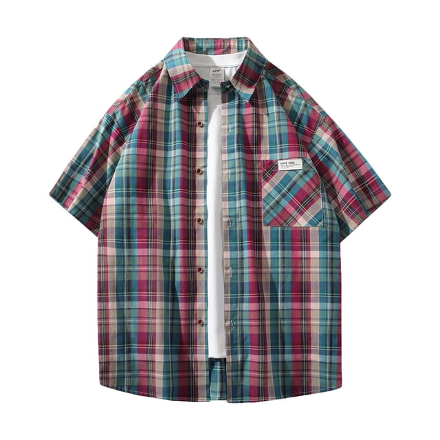 Mens Manga Corta Botón Abajo Camisas Cuadrado Gira-Abajo Cuello Casual Blusa, Camisas de Hombre Casual
