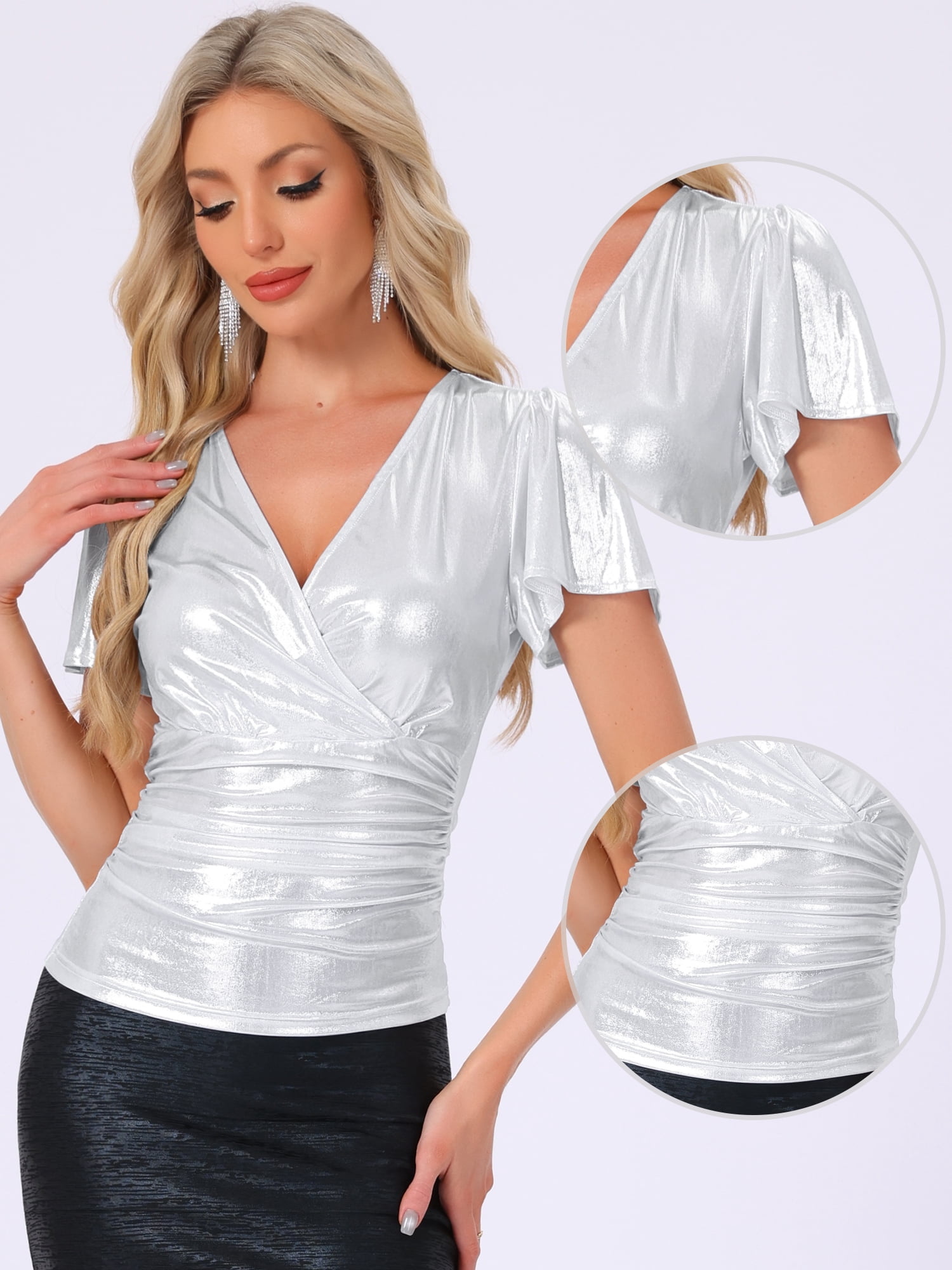 DARING DIVA Women's Metallic V Neck Ruffle Sleeve Shiny Wrap Blouse XS Silver