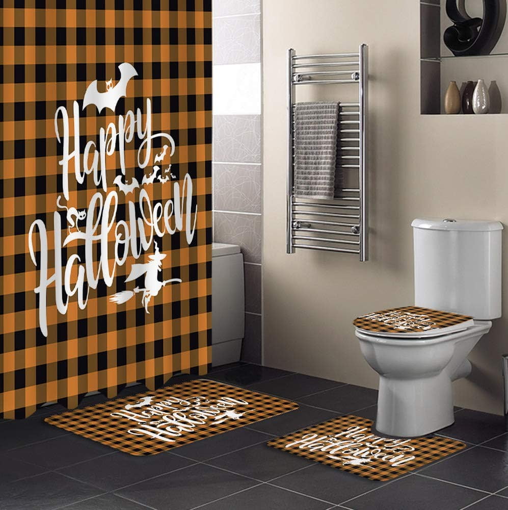 ZHANZZK Happy Halloween 4 Piece Bathroom Set Shower Curtain Bath Rug Contour Mat and Toilet Lid ...