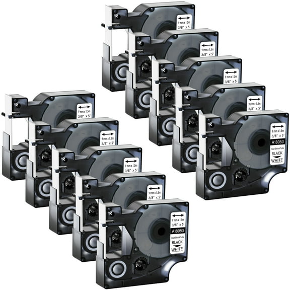 GREENCYCLE 10PK Industrial Rhino Heat Shrink Tubes Compatible for DYMO 18053 9mm 3/8" Black on White Cable Label Tape