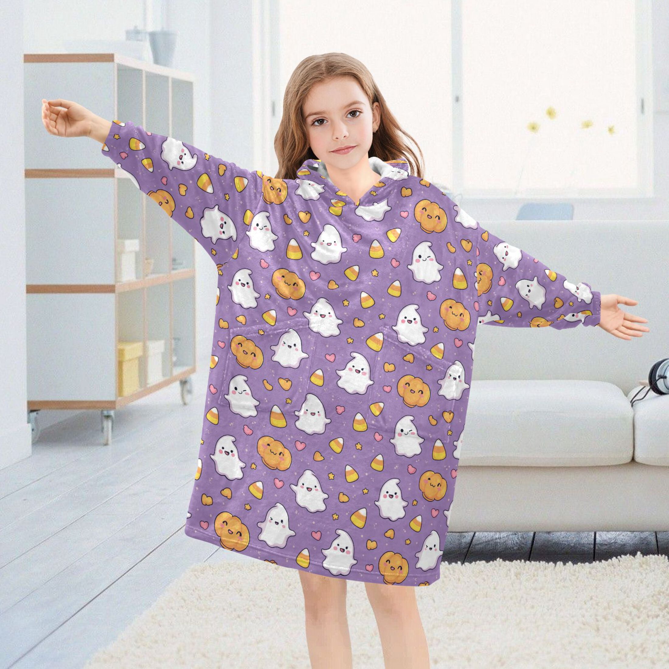 Wearable Blanket Hoodie for Kids Cute Cartoon Pumpkin Ghost Corn Flannel Hooded Blanket with Pockets and Sleeves Suitable for Boys and Girls