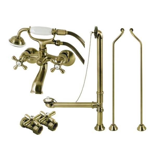 Kingston Brass CCK265ABD Vintage Wall Mount Clawfoot Tub Faucet Package with Supply Line, Hand Shower and Tub Drain, Antique Brass