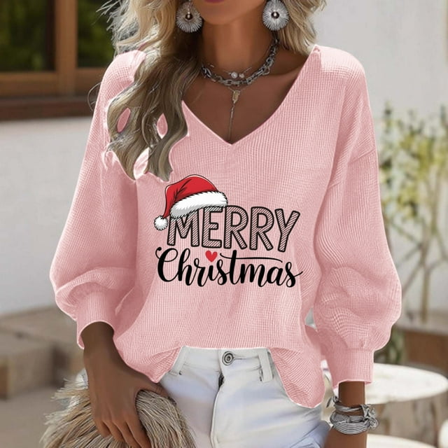 Leodye Haut de Noël pour Femmes Manches 3/4 Col en V Décontracté Imprimé Graphique Ample Rose P(S)