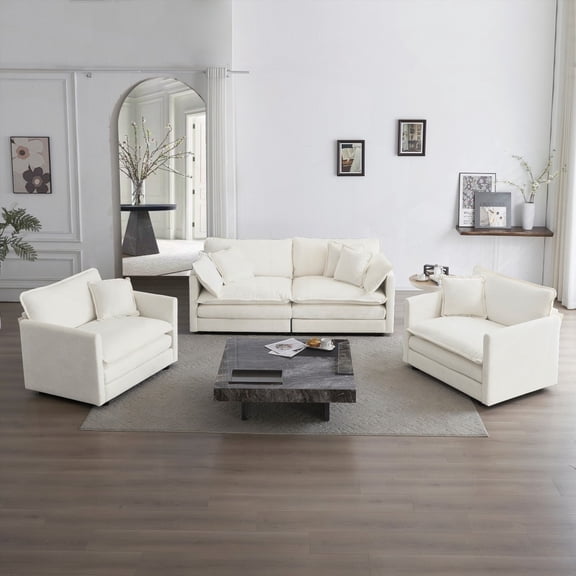 Modern White Chenille 3-Piece Sofa Set (2 Arm Chairs   1 2-Seat Sofa) for Living Room