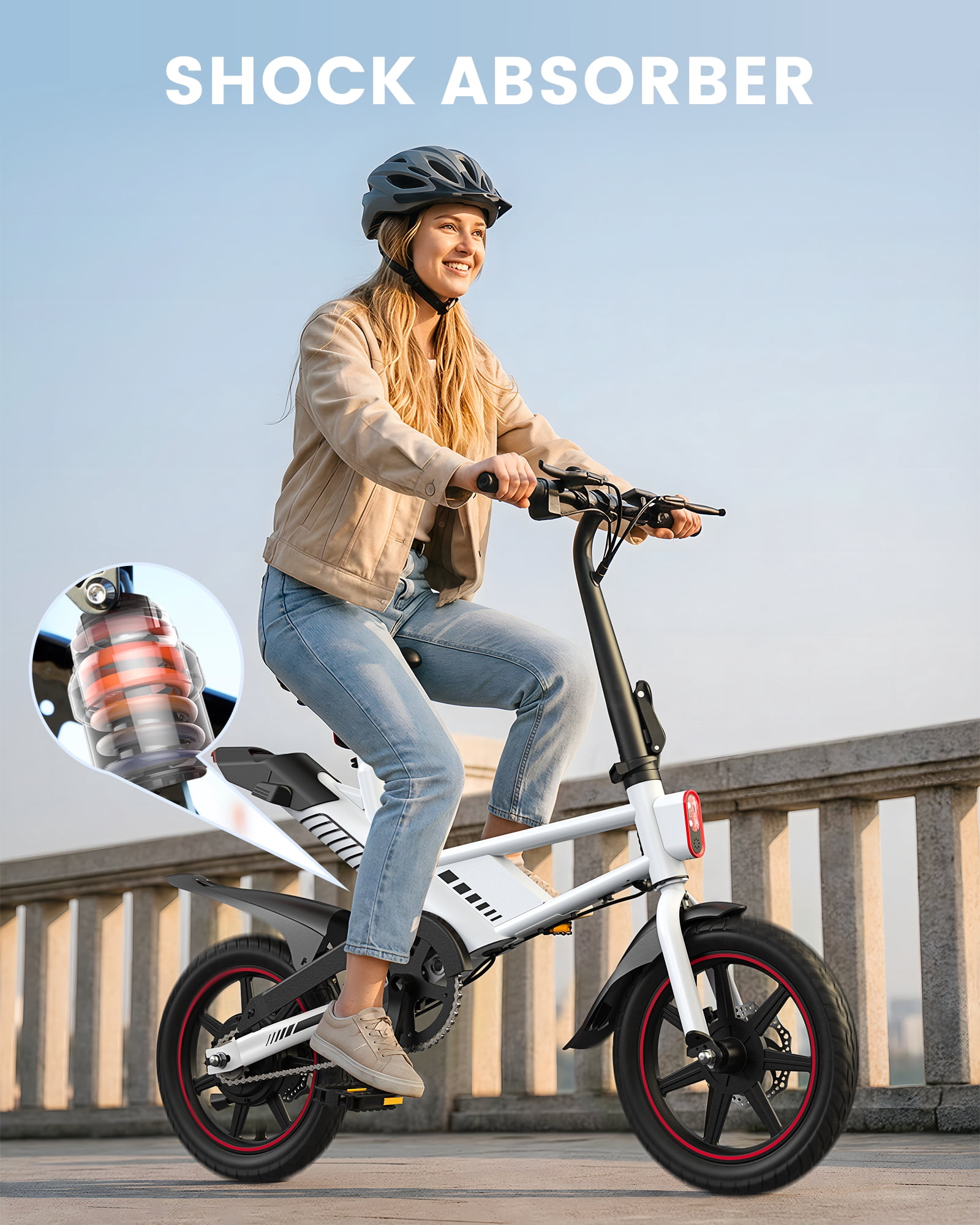 MIHOVER 14" Folding Electric Bike for Adults, 700W Peak Motor with 36V/7.8Ah Battery, LED Display & Free Phone Holder & Steel Cable Lock,18.6 MPH Commuter City Ebike, UL2849-White